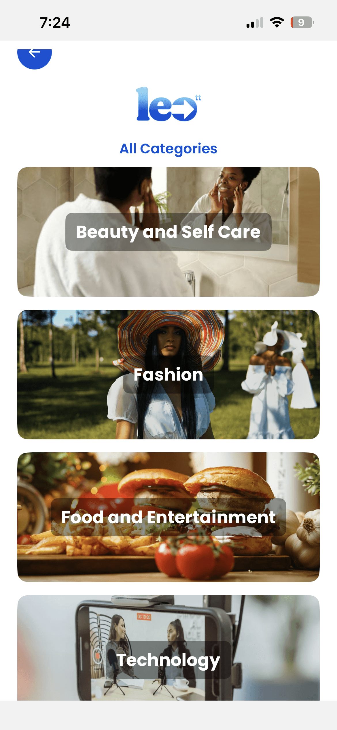 L.E.O TT mobile app categories screen