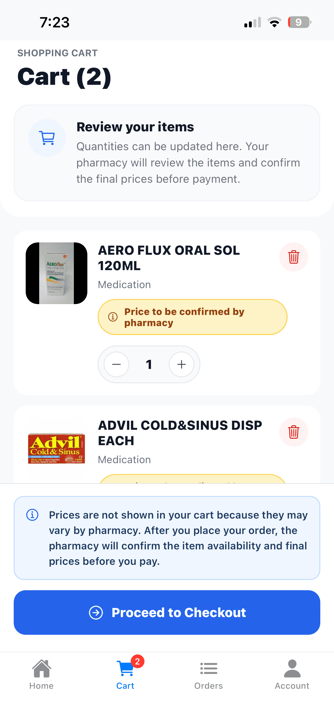 Medz2u mobile app shopping cart screen