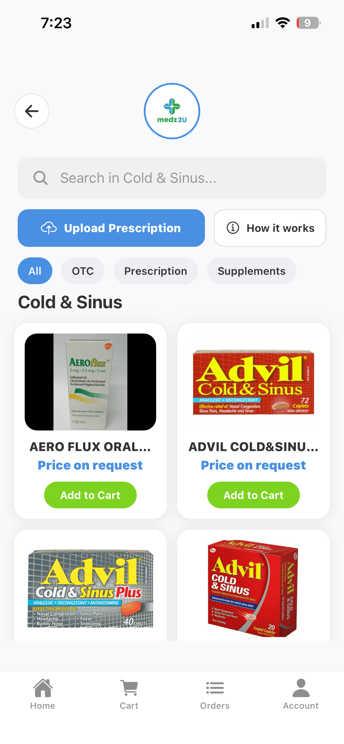 Medz2u mobile app product listing screen