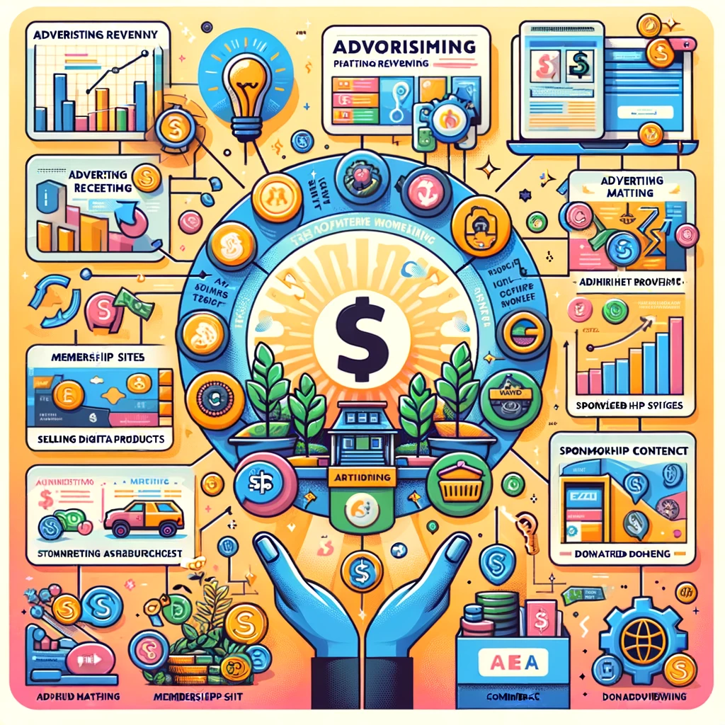 DALL·E 2024-02-18 22.12.41 - A visually engaging and colorful infographic that showcases different methods of monetizing a website. The infographic includes icons and brief descri