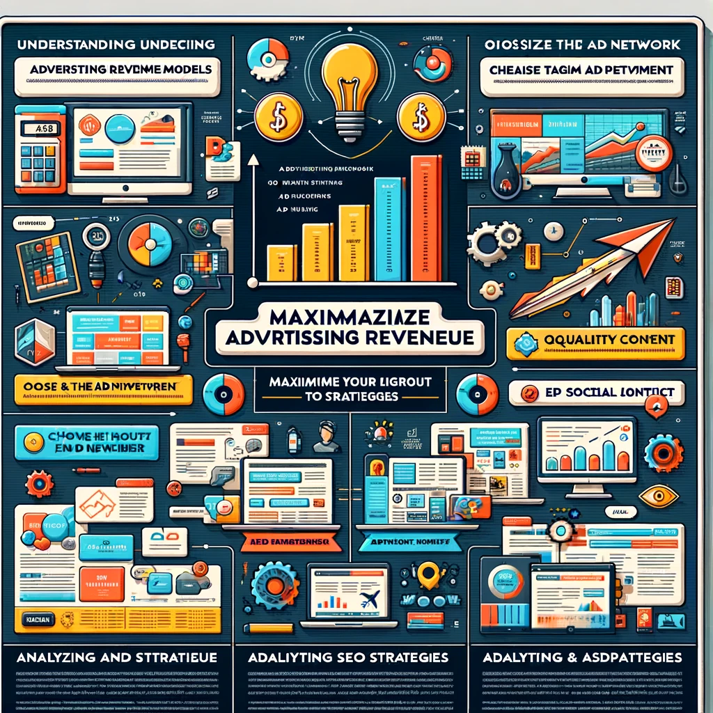 DALL·E 2024-02-18 22.22.32 - A detailed and visually appealing infographic explaining the strategies to maximize advertising revenue from a website or online platform. The infogra