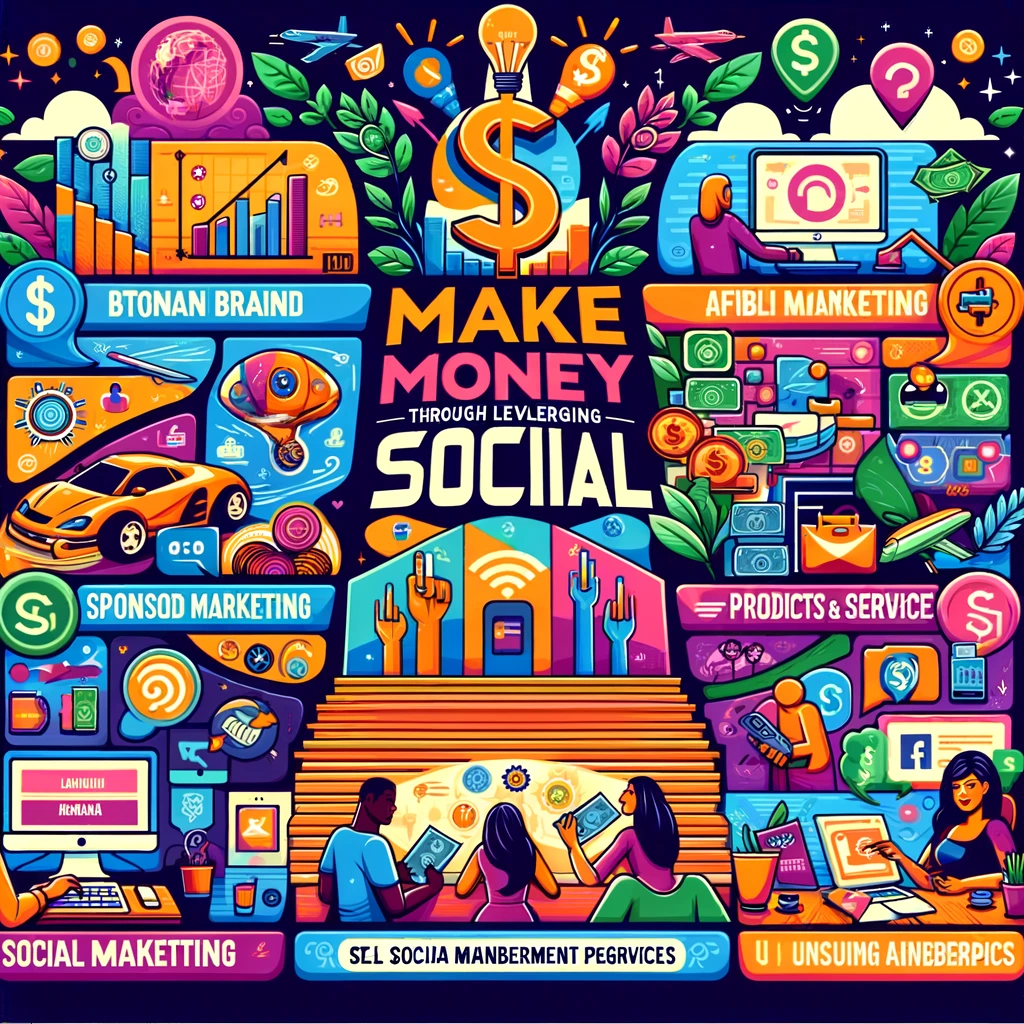 DALL·E 2024-02-22 20.19.25 - A vibrant and engaging infographic illustrating the different ways to make money through leveraging social media. Include sections for building a stro