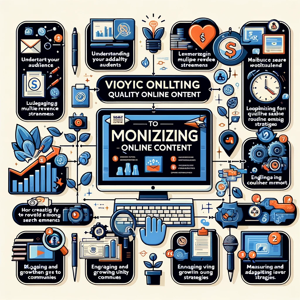 DALL·E 2024-03-01 23.57.38 - A visually compelling infographic that outlines the key steps to monetizing quality online content, including understanding your audience, leveraging